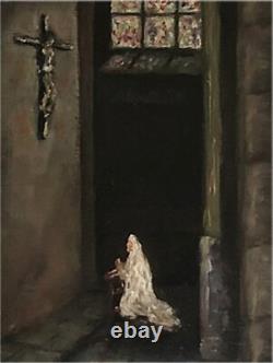 Tableau ancien HSP Intérieur Eglise école Française début XXe siècle