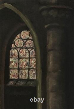 Tableau ancien HSP Intérieur Eglise école Française début XXe siècle