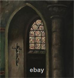 Tableau ancien HSP Intérieur Eglise école Française début XXe siècle