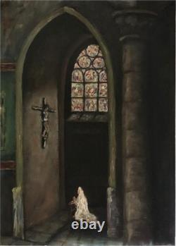 Tableau ancien HSP Intérieur Eglise école Française début XXe siècle