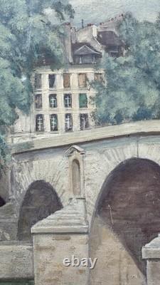 Tableau ancien HSP René KARBOWSKY (1883-) Vue Pont Marie Paris Huile s panneau