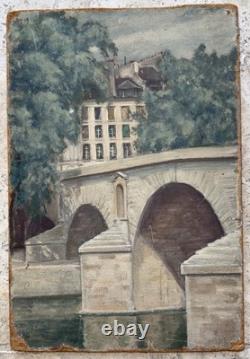 Tableau ancien HSP René KARBOWSKY (1883-) Vue Pont Marie Paris Huile s panneau