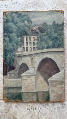 Tableau ancien HSP René KARBOWSKY (1883-) Vue Pont Marie Paris Huile s panneau