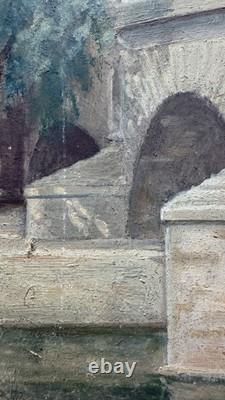 Tableau ancien HSP René KARBOWSKY (1883-) Vue Pont Marie Paris Huile s panneau