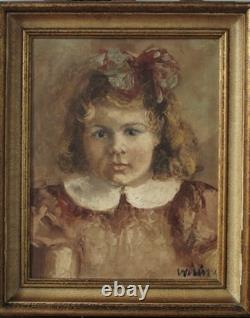 Tableau ancien HST Jeune fille, fillette aux boucles blondes, 1941, signé