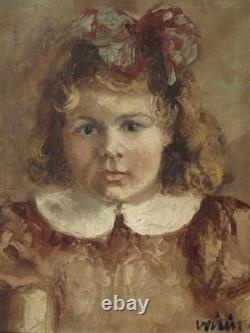 Tableau ancien HST Jeune fille, fillette aux boucles blondes, 1941, signé