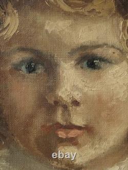 Tableau ancien HST Jeune fille, fillette aux boucles blondes, 1941, signé