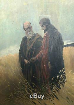Tableau ancien HST Jour de Sabbat Jesus + ses disciples marchant dans les blés