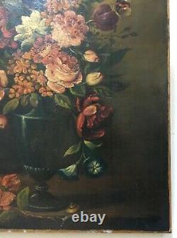 Tableau ancien, HST, Nature morte aux fleurs, papillon et escargot, XIXe