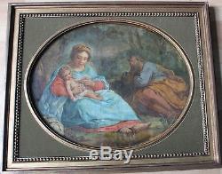 Tableau ancien HST Scène bibliqe La Vierge à l'Enfant et saint Joseph Anonyme