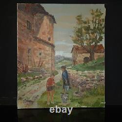 Tableau ancien HST ferme animée Naif fauvisme BERTHOMIEUX école française