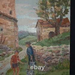 Tableau ancien HST ferme animée Naif fauvisme BERTHOMIEUX école française