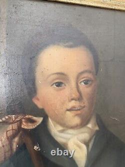 Tableau ancien HST portrait jeune garçon, cadre doré, XIXème siècle France
