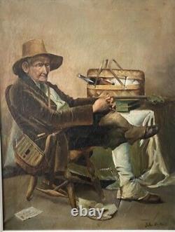 Tableau ancien HST portrait vieux pêcheur, XIXème siècle, signé Jules de Berck