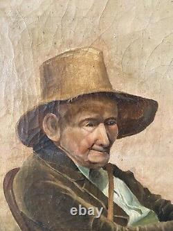 Tableau ancien HST portrait vieux pêcheur, XIXème siècle, signé Jules de Berck