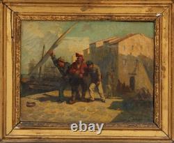 Tableau ancien HST signé A Kunkler marine XIX ème scène sur le quai