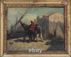 Tableau ancien HST signé A Kunkler marine XIX ème scène sur le quai