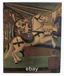 Tableau ancien Hsp scène de genre Carrousel manège Art Naif Serge Fiorio Suisse