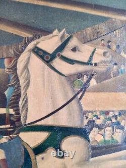 Tableau ancien Hsp scène de genre Carrousel manège Art Naif Serge Fiorio Suisse