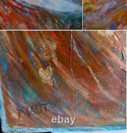 Tableau ancien Hst scène de genre animée surréalisme signé Picaut XX Dlg Chagall