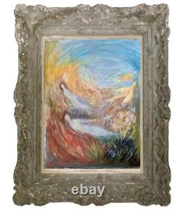 Tableau ancien Hst scène de genre animée surréalisme signé Picaut XX Dlg Chagall
