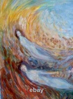 Tableau ancien Hst scène de genre animée surréalisme signé Picaut XX Dlg Chagall