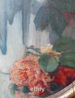 Tableau ancien Huile Fleurs Roses Leopold SMETANA 1867-1948 Post Impressionniste