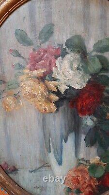 Tableau ancien Huile Fleurs Roses Leopold SMETANA 1867-1948 Post Impressionniste