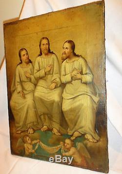 Tableau ancien Huile Sainte Trinité très vieille peinture très vieux travail