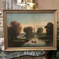 Tableau ancien Huile Sur Toile XIXe Scène Pêche cadre bois doré décoration