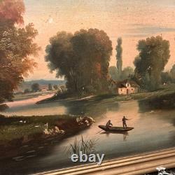 Tableau ancien Huile Sur Toile XIXe Scène Pêche cadre bois doré décoration