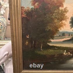 Tableau ancien Huile Sur Toile XIXe Scène Pêche cadre bois doré décoration