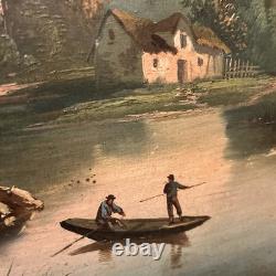 Tableau ancien Huile Sur Toile XIXe Scène Pêche cadre bois doré décoration