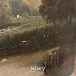 Tableau ancien Huile Sur Toile XIXe Scène Pêche cadre bois doré décoration