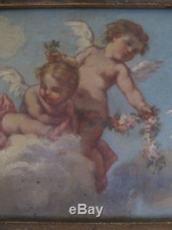 Tableau ancien Huile Toile Anges Putti Angelots XIXe Shabby French Painting