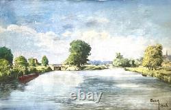 Tableau ancien Huile sur Toile Écluse de Neuilly-sur-Marne 1948 signé Bern Art