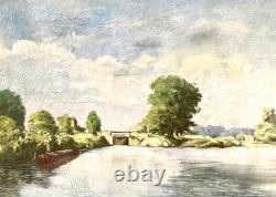 Tableau ancien Huile sur Toile Écluse de Neuilly-sur-Marne 1948 signé Bern Art