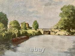 Tableau ancien Huile sur Toile Écluse de Neuilly-sur-Marne 1948 signé Bern Art