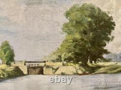 Tableau ancien Huile sur Toile Écluse de Neuilly-sur-Marne 1948 signé Bern Art