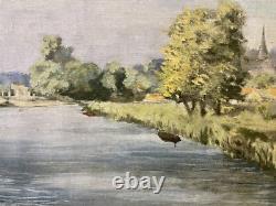 Tableau ancien Huile sur Toile Écluse de Neuilly-sur-Marne 1948 signé Bern Art