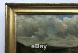 Tableau ancien, Huile sur carton, Paysage nuageux, Encadré, XIXe