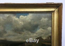 Tableau ancien, Huile sur carton, Paysage nuageux, Encadré, XIXe