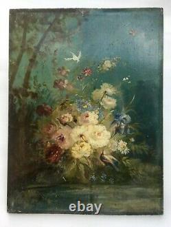 Tableau ancien, Huile sur panneau, Bouquet de fleurs et oiseaux, XIXe