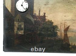 Tableau ancien, Huile sur panneau, Ecole hollandaise, Ville portuaire, XVIIIe