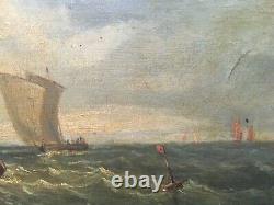 Tableau ancien, Huile sur panneau, Monogramme, Marine, Encadré, Peinture, XIXe