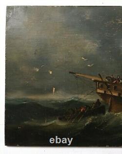 Tableau ancien, Huile sur panneau, Naufrage dans la tempête, Marine, XIXe