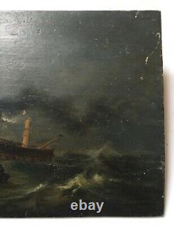 Tableau ancien, Huile sur panneau, Naufrage dans la tempête, Marine, XIXe