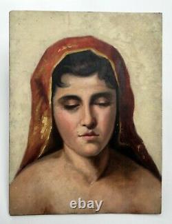 Tableau ancien, Huile sur panneau, Portrait de femme au châle rouge, Début XXe