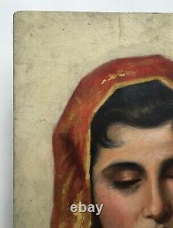 Tableau ancien, Huile sur panneau, Portrait de femme au châle rouge, Début XXe