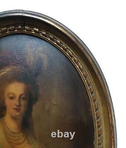 Tableau ancien, Huile sur panneau ovale bombé, Portrait de femme, Encadré, XIXe